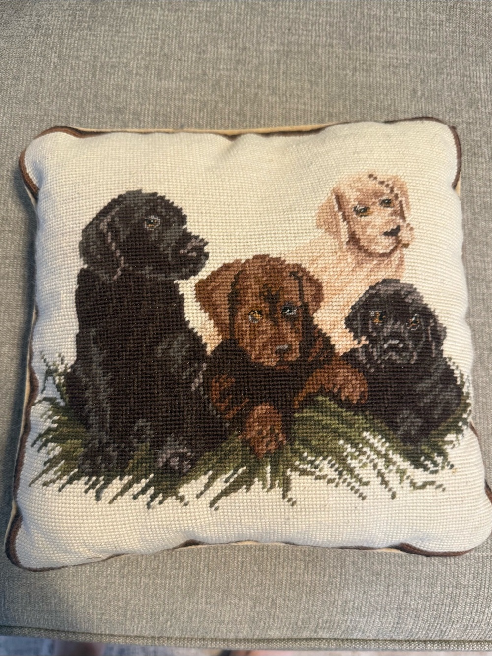 Vintage Needlepoint 12”x 12” Lab puppies Decorative Throw Pillow